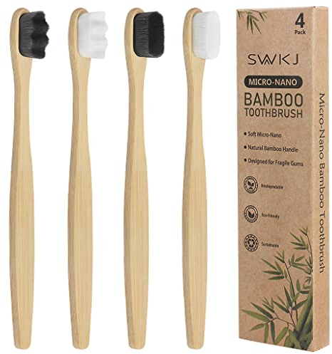 4 Pcs Soft Bamboo Micro-Nano Toothbrushes, Extra Soft Toothbrush with 20000 Bristles Designed for Sensitive Gums Kids Adults (White and Grey Bristles)