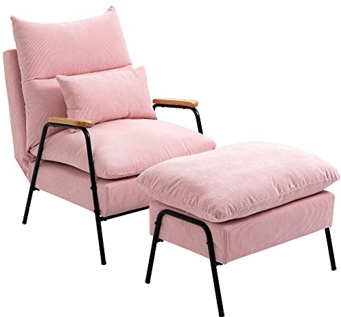 HOMCOM Relaxsessel mit Hocker Sessel mit Verstellbar Rückenlehne, Liegefunktion, Kissen, Loungesessel Modern Polstersessel mit Kord-Optik für Wohnzimmer bis 180 kg belastbar, Rosa