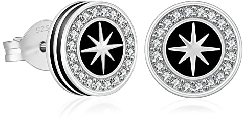 KRKC&CO S925 Silber Ohrringe Herren Iced Out, Rund Schwarz Ohrringe 8mm mit Stern Design, Weißgold beschichtet, echt 925 Sterling Silber, hypoallergen, 𝗚𝗲𝘀𝗰𝗵𝗲𝗻𝗸 𝗳ü𝗿 𝗠ä𝗻𝗻𝗲𝗿 Jungs