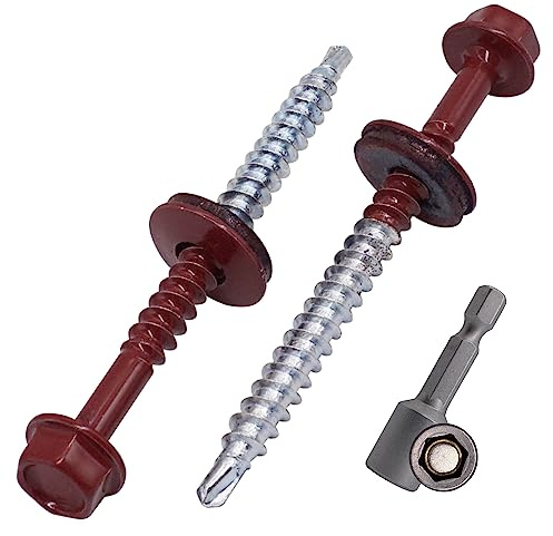 SKIR'CO (200 st) Målade takskruvar 4,8 x 60 mm, sexkantshuvud, självborrande skruvar med EPDM-brickor (oxidröd, RAL 3009)