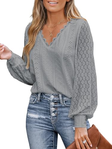 CUPSHE Blusa para mujer con encaje festoneado y recortes, mangas largas de encaje, cuello en V, puños elásticos, camisa elegante y chic, gris, L