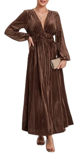 Barbotimer Women's Long Sleeve Deep V-Neck Zip Up Velvet Maxi Dress Retro Wedding Guest Formal Party Fall Winter Long Dress (Coffee, XL)