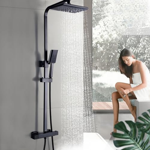 KEESUNG Svart duschsystem, duschsystem med termostat 3 funktioner, regndusch, duschset med handdusch, 20 cm, huvuddusch, handdusch, justerbar höjd duschstång, duscharmatur