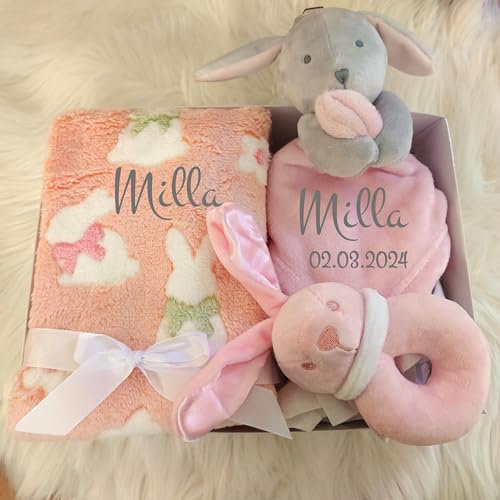 Wuff-Dogsworld Baby Geschenkset Hase mit Namen Bestickt Babydecke Kuscheltuch Rassel rosa Mädchen Geschenk Taufe Geburt Ostern