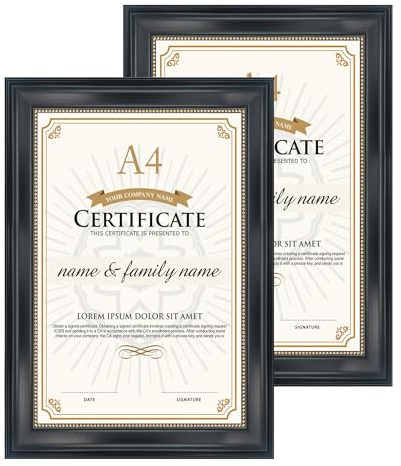 GraduatePro Cadre Diplome A4 Cadres à Documents Verre sous à Accrocher Decoratif Universitaire Crochets de Montage points Or, Lot de 2