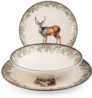 H&H Servizio Tavola 18 Pezzi Montana – Set Piatti Natalizi in Stoneware con Decoro Cervo, Adatto a Lavastoviglie e Microonde – Servizio per 6 Persone, Piatti Piani, Fondi e da Frutta