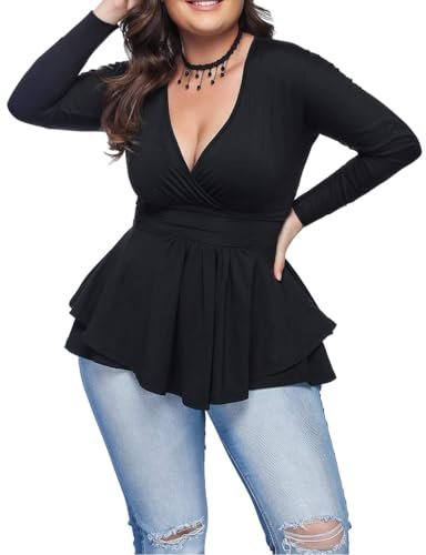 RQQJRR Women's Plus Size Blouse Sexy Deep V Neck Pleated Long Sleeve Ruched Promenade Tops Black 3XL