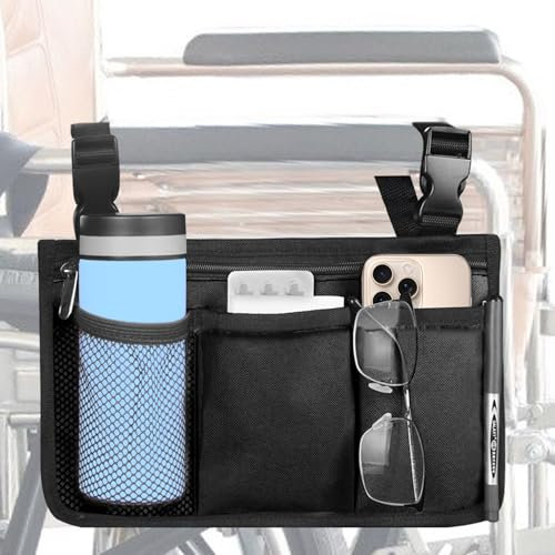 Tasche für Rollstuhl, Rollstuhltasche für Armlehne mit Becherhalterung und Reflektierendem Streifen, Wasserdichte Rollstuhltasche mit 3 Fächern für Walker, Mobility Scooter, Rollatoren (Schwarz)