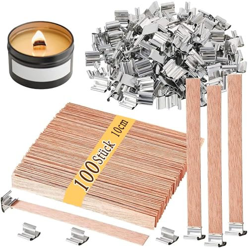 100 PCS Kerzendochte mit 100 PCS Eisenständer, Kerzen Machen Holzdocht für DIY Kerzenherstellung Handwerk, Rauchfreie Natürliche Umweltfreundliche Holzdochte für die Kerzenherstellung
