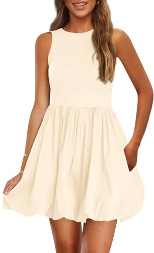 PRETTYGARDEN Summer Dresses for Women 2026 Casual Sleeveless Tank Mini Short Cocktail Dress Crew Neck Bubble Sundress Pockets (Beige,Medium)