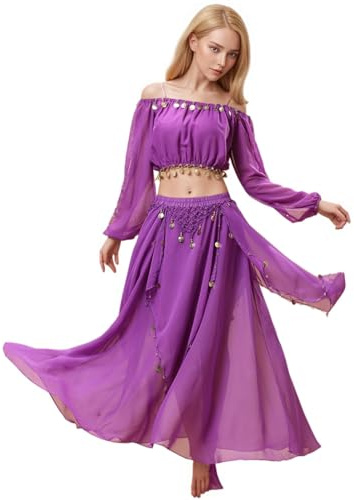 Baisdan Costume da Danza del Ventre Donna, Top Crop con Monete e Chiffon Gonna da Danza del Ventre per Halloween, Spettacoli, Carnevale e Feste a Tema