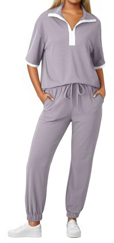 Dokotoo Women's Sweatsuit Set Casual 2 Piece Pajamas Color Block Short Sleeve Top Long Pant Set Jogger Travel Tracksuits with Pockets Grey Small