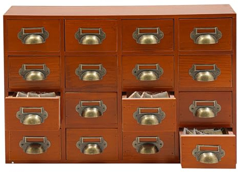 Dekltus Armario farmacéutico vintage con 16 cajones de madera con 4 niveles, 50 x 10 x 35 cm, para especias, medicamentos, joyas, color marrón