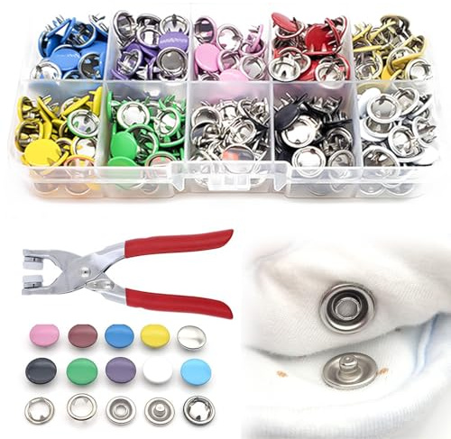 100 PCS Snap Button Fastener Kit, 9.5mm Metal Press Stud Tool Snap Fasteners with Pressure Pliers 10 Colour Poppers Fasteners No Sewing for Handmad Crafting