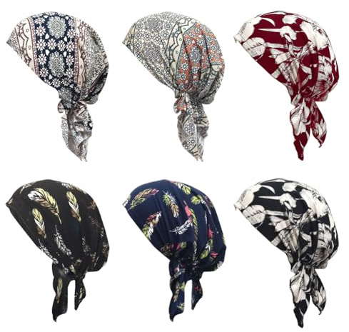Lot de 6 bandeaux chimio pré-noués pour femme, turban, bonnet contre le cancer pour perte de cheveux