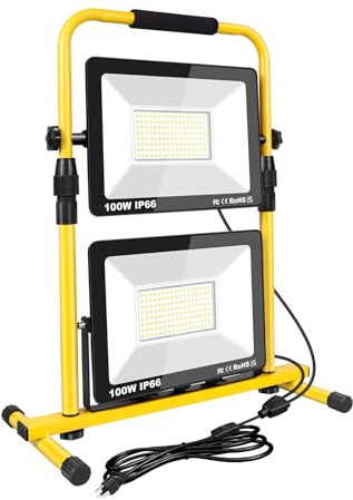 Projecteur Chantier LED avec Câble, Willpower Lampe de Chantier 2x 100W 20000LM Spot LED Extérieur 6500K Blanc Phare de Travail Portable Pour Garage Atelier Construction Terrasse Jardin, IP66