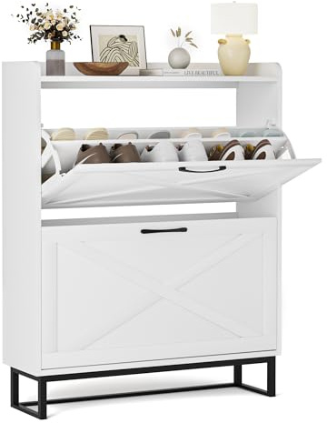 BonVache Schuhschrank schmal, Schuhkipper mit 2 Klappen, Schuhregal mit 4 Ablageflächen für Flur, Schuhkommode mit Metallfüßen, Schuhaufbewahrung Holz, 80x23,8x101,7 cm, Weiß