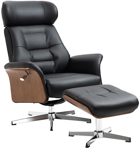 HOMCOM Fauteuil Relax avec Repose-Pied, Fauteuil de Relaxation avec Dossier inclinable, pivotant 360°, têtière réglable et Assise rembourrée Confortable, jusqu'à 150 Kg, pour Salon, Chambre, Noir