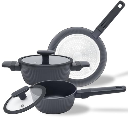 Jovire Nonstick Cookware Set Non Toxic, 3-Piece Pots and Pans Set, PFOA/PTFE Free, Induction Ready & Dishwasher Safe, Ceramic Coating for Easy Release