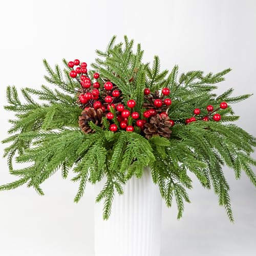 HBell 6Pcs Norfolk Pine Stems,18''Real Touch Artificial Pine Branch Christmas Foliage Picks Tree Filler Branches for Xmas Vase Filler Wreath Garland Home Decor (Pinecone)