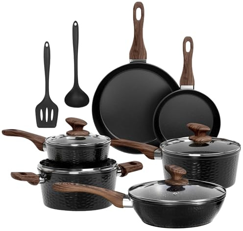 Kitchen Academy Non Stick Cookware, Pots Pans Sets with Lids 12PCS Black