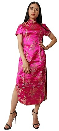 Dysmad Costumizate! Kimono o Qipao Color Fucsia con Manga Corta. Vestido Oriental para Mujer. (FR/ES, Letras, Talla única, Regular, Regular, L, Fucsia)