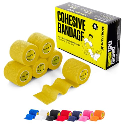 6 Rouleaux - SPORTTAPE Bande Cohésive 5 cm x 4,5 m - Jaune - Auto-Adhésif | Bandage élastique football pour chaussettes et protège-tibias, Compression, maintien sportif & vétérinaire professionnel