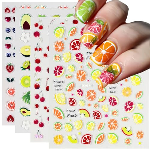 GZMAYUEN Lot de 4 feuilles d'autocollants pour ongles 5D - Fruits d'été - Citron orange cerises - Décoration pour nail art