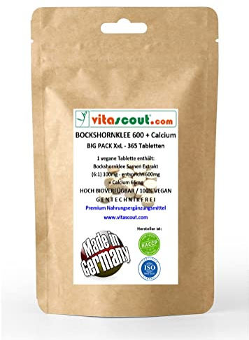 Bockshornklee Fenugreek Extrakt 600mg + 66mg Calcium – 365 Vegane Tabletten, Standardisiert mit 50mg Saponinen - LABORGEPRÜFT - SONDERPREIS WEGEN KURZEM MHD: 31.08.2025