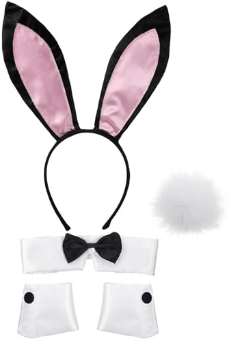 SATINIOR Set de Accesorios de Disfraz de Conejito de Mujer Diadema de Oreja de Conejo Collar Pajarita Puños de Disfraz Cola de Conejo para Fiesta Halloween Navidad