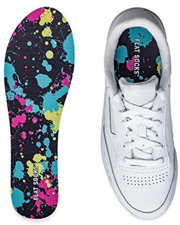 FLAT SOCKS No Show Socks, Sockless Liner, No Slipping, No Stinking, Washable Barefoot Shoe Insert, Multi-Colored Patterns, Paint Splatter, Small