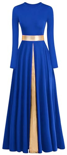 ELLYDOOR Women's Praise Dance Dress Metallic Waistband Long Swing Liturgical Worship Church Robe Dress Lyrical Dancewear Tag L, Royal Blue