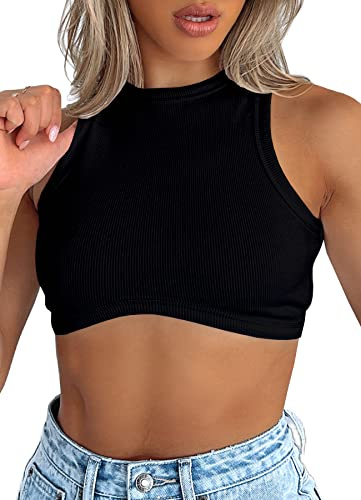 Navneet damer crop top ribbad kort magfri topp ärmlös beskurna tanktoppar sexig sommar festival, A001 svart fåll rund hals crop tanktoppar, XS