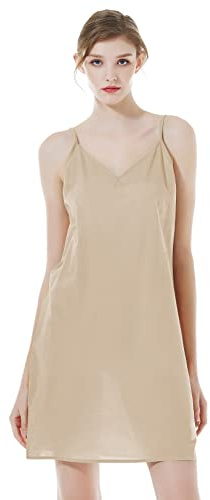 BEAUTELICATE Women Strappy V-Neck Short Full Slip 100% Cool Cotton Underdress Underskirt Petticoat Summer Straight Spaghetti Strap Nightdress Nghtie Chemise Ivory Black Nude