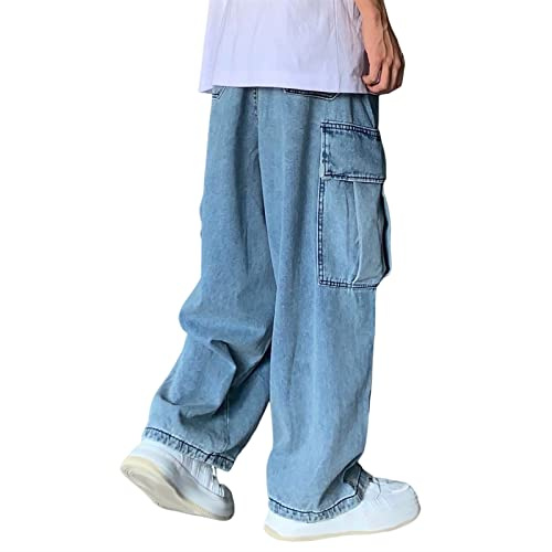 Sawmew Jeans Holgados para Hombre Y2K Hip Hop Loose Fit 90s Vintage Cargo Pantalones Baggy Fit Denim Moda Dance Skater Skateboard Skinny (Color: Blue, Size: M)