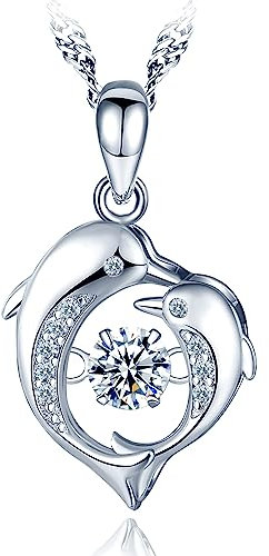 MICMIF Collier Argent 925/1000 pour les Femmes Filles Pendentif Dauphin Mère Enfant avec Oxyde de Zirconium, Bijoux Cadeau pour Maman fille épouse