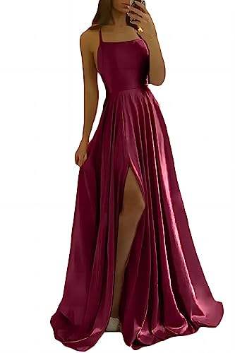 xxxiticat Robe de Bal Longue Élégante en Satin - Mariée, Soirée Sexy, Dos Nu, Spaghetti, Princesse, Demoiselle d'Honneur - Rouge Bordeaux, M