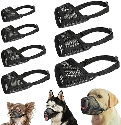 LUCKYPAW Dog Muzzle Suits for Small Medium Large Dogs, Mesh Muzzle Anti Biting Chewing, Breathable Mouth Cover Set with Adjustable Strap for Grooming Vet Visiting Training, 7 PCS(XXS-XXL), Black
