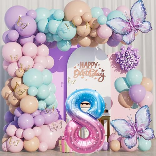 WINAROI Kit Ghirlanda Palloncini Pastello con Arco a Farfalla Colorati per Festa di Compleanno 8 Anni - Decorazioni per Ragazze