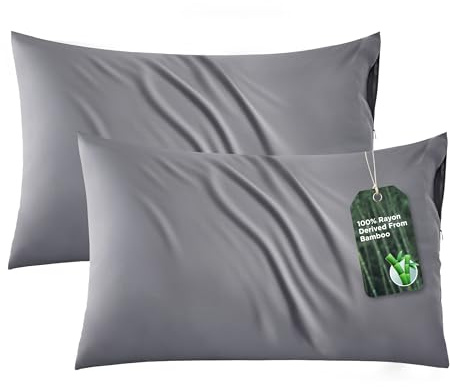 Bedsure Zipper Pillow Cases Standard Size, Cooling Pillow Cases Set of 2, Rayon Derived from Bamboo Cooling Pillowcase for Hot Sleepers, Soft & PureWoven Pillow Covers, Gift, Dark Grey, 20x26 Inches