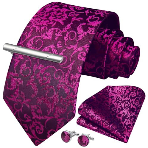 Enlision Corbata Hombre Fucsia Rosa Pañuelo y Corbatas Gemelos Set