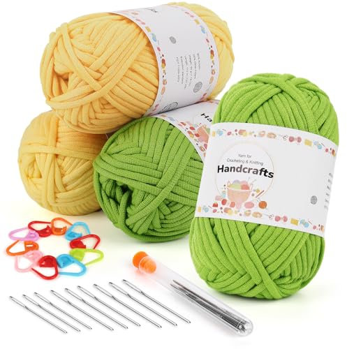 Aeelike 4X50g Dicke Häkelgarn Baumwolle zum Häkeln, Chunky Garn Yarn mit Häkelzubehör für Anfänger, Kein Geteiltes Wolle zum Stricken, Strickwolle mit gut Sichtbaren Maschen, 2 Gelb+2 Grün