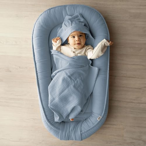 PaLulli Nido per bambini in 100% mussola di cotone di alta qualità, 100 x 60 cm, paracolpi con chiusura in velcro, per lettino e neonati, colore: blu