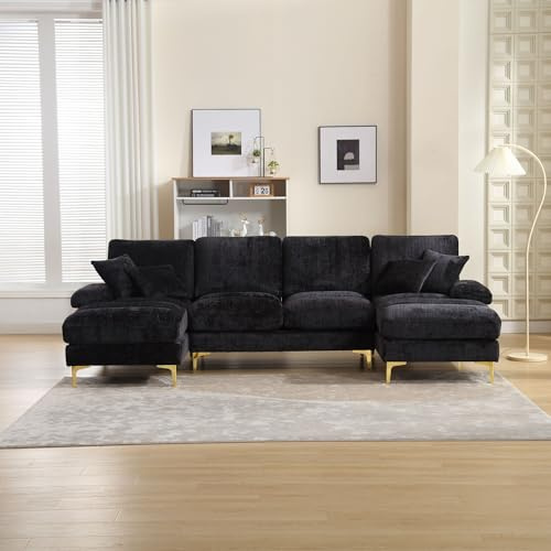 Sapgaks Divano componibile a forma di U, grande divano letto matrimoniale assemblabile a piacimento, tessuto ciniglia, divano reclinabile extra large per soggiorno, nero