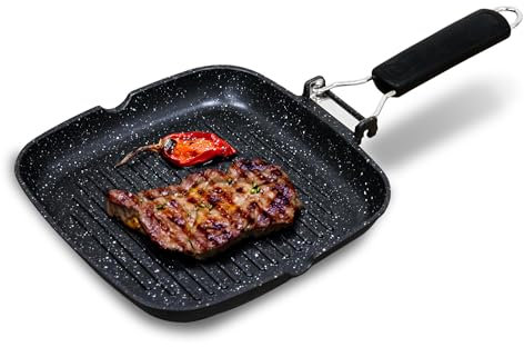 briebe Black Titanium Grill Asador Rayas, Inducción, Antiadherente Titanio, Sartén Plancha 20x20cm Aluminio Fundido sin PFOA, Mango Plegable, Apto Vitrocerámica, Gas