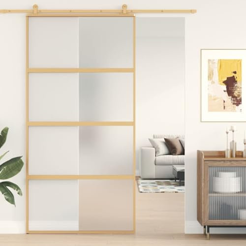 IKAYAA Porta Scorrevole in Vetro Porta Scorrevole Interno Muro in Alluminio e Vetro ESG per Bagno Cucina Studio-Oro-102.5 x 205 cm-Tipo 2