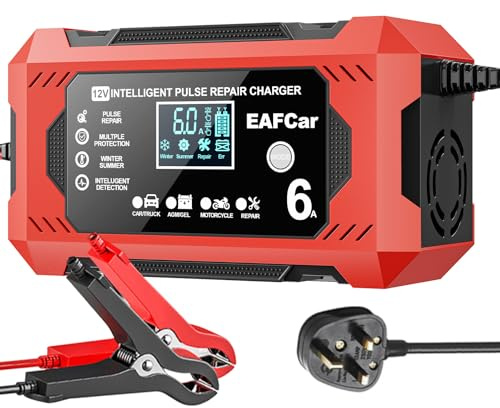 EAFCar 6Amp Car Battery Charger, 12V Smart Trickle Charger and Maintainer, LCD Screen Maintainer/Pulse Repair Activation Pack for Car, Motorcycle, Lead Acid Batteries & AGM. (6A)