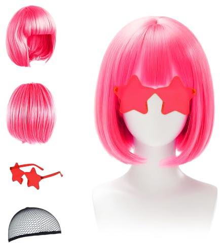 Perruque pour femmes - Perruque bob colorée avec lunettes de fête, Perruques de cosplay pour soirées, Perruques amusantes pour femmes (Bonnet pour cheveux fourni) (Pêche)