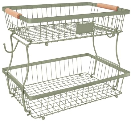 Lawhood-Mijin Fruit Basket Bowl 2 Tier Detachable with 2 Banana Hangers, Fruit Stand Holder for Kitchen Countertop, Metal Wire Vegetable Storage Organizer, for Bread Snack Veggies Produce,green