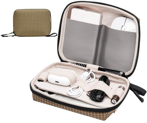 SIMTOP Kompakt Kabelorganizer, Elektronikväska för Laptopp/Powerbank/Kablar/SD-kort - Perfekt för Resor, Kontor & Fotografering,Brunt Rutnät